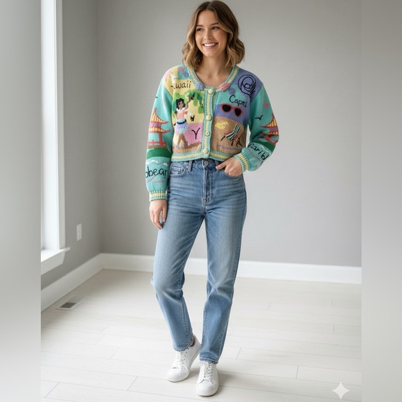 VTG Berek Hand Knit Cotton Cardigan Travel Capri Hawaii Caribbean Cropped S - Picture 2 of 15